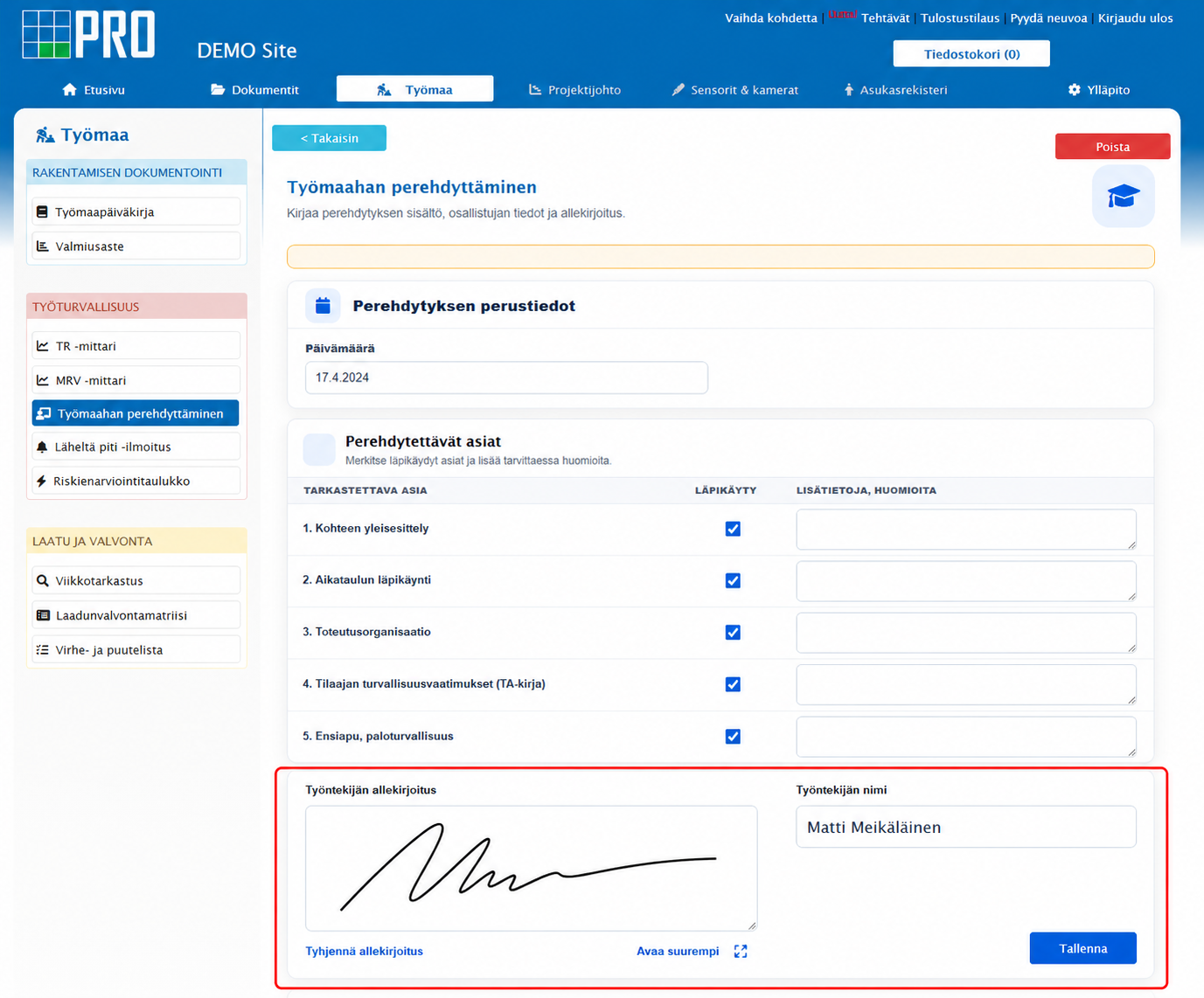 PRO Projektipankin työmaahan perehdyttämisen näkymä