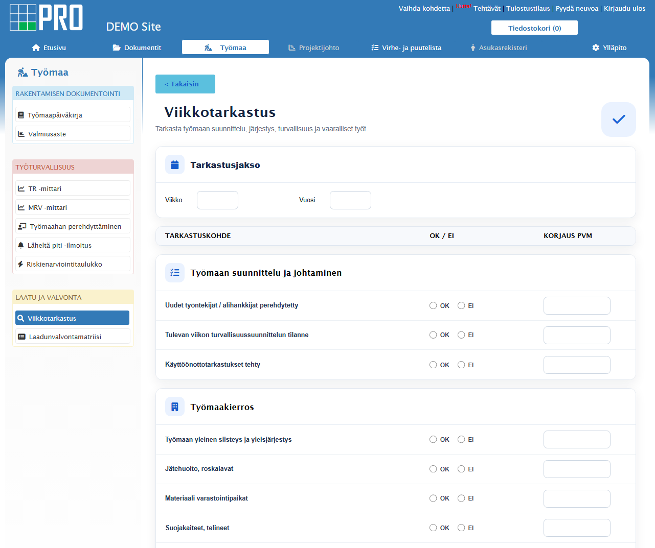 PRO Projektipankin työmaan viikkotarkastus